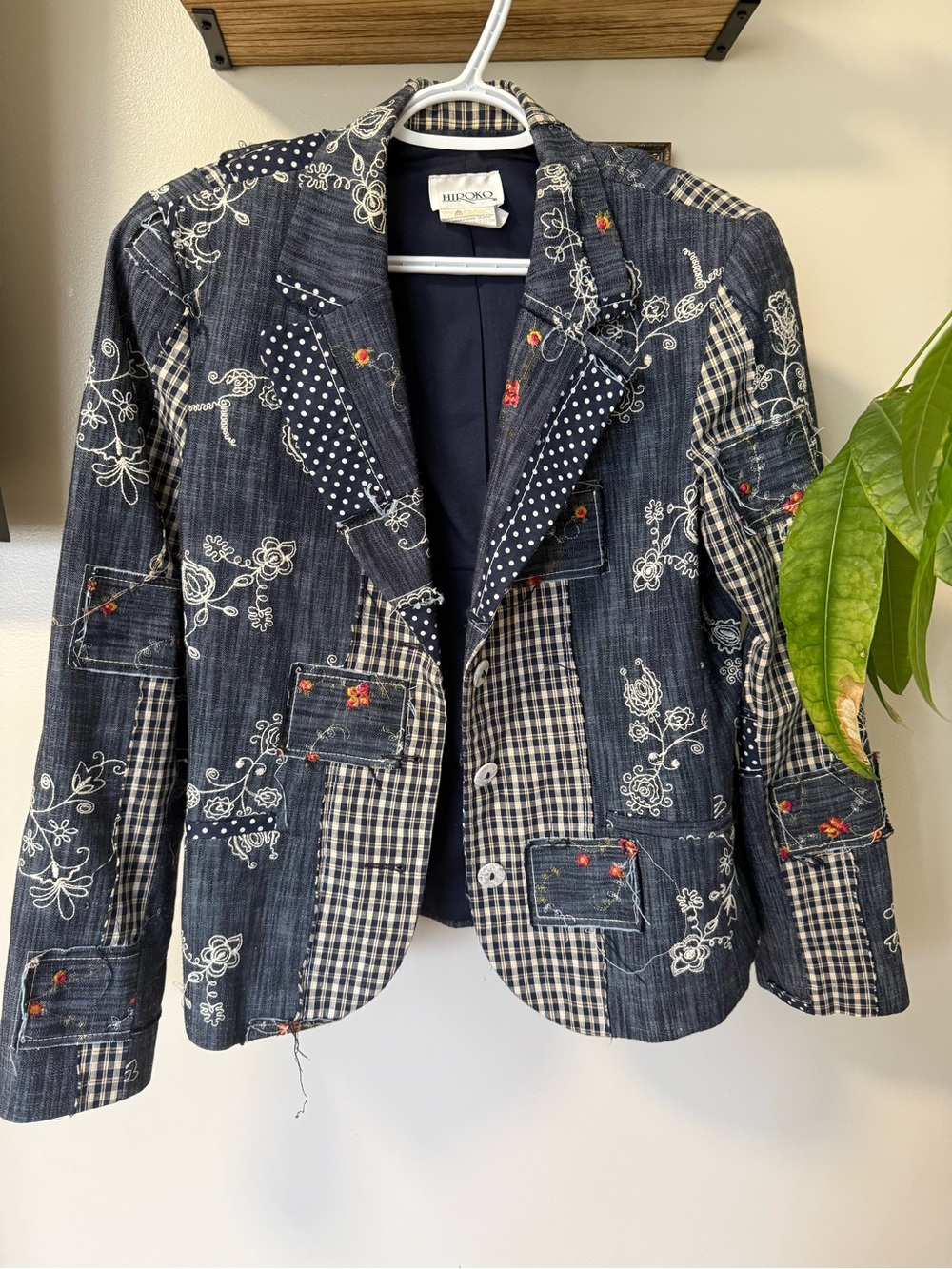 VINTAGE Hiroko Patchwork Denim Blazer - Navy Floral